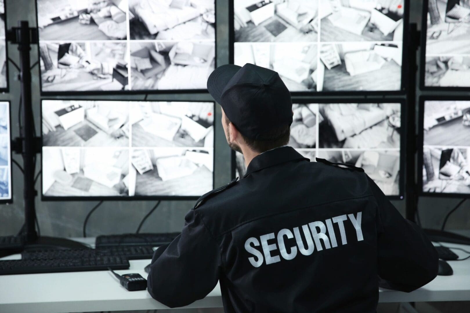 A security guard is sitting in front of multiple monitors.